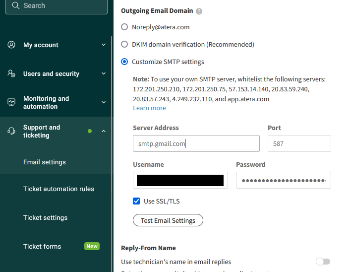 A screenshot of the Atera Outgoing Email Domain configuration screen, with 'Customize SMTP settings' checked and relevant information added. The email field has been blocked out.