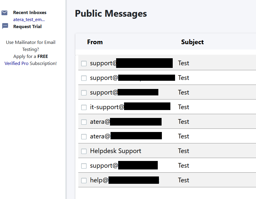 A screenshot of the mailinator inbox with nine redacted emails in it from several different organisations.