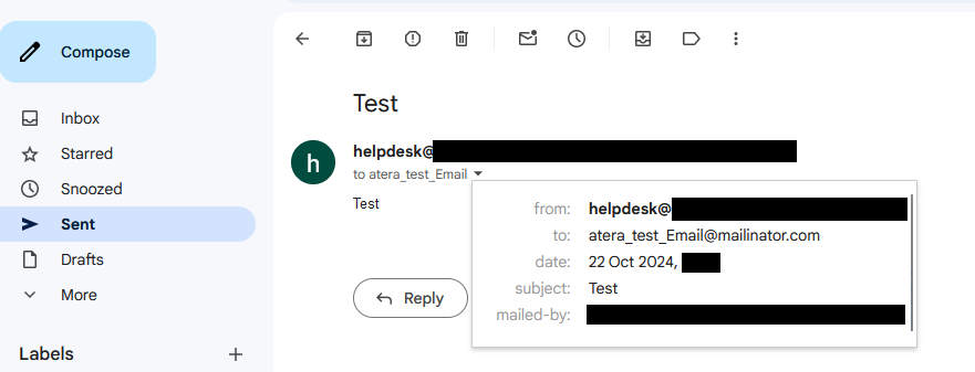 A screenshot of gmail showing the test email that Atera sent to validate that the configuration used is working. The test email has been sent to a mailinator email address.