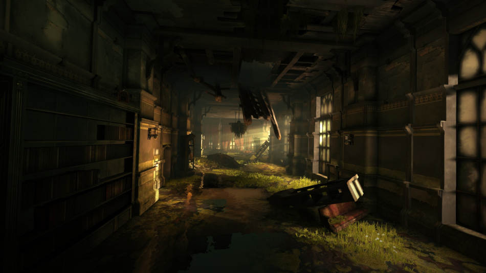 A flooded, dark, half collapsed hallway of a mansion stretches out in front of you, with yellow light filtering in through the unwashed windows. Grass grows around collapsed and damp furniture