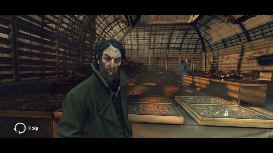 A character in the game, Sokolov - an inventor of te deadly and advanced technology you encounter throughout the game, looks at you in his rooftop greenhouse during an evening rendezvous