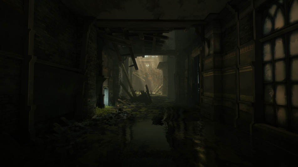 Another flooded mansion corridor, with no sunlight near the camera. This time however a tree can be seen growing at the end of the corridor, illiminated by dirty yellow light from the windows above, reaching the ground due to the upper floors having collapsed long ago
