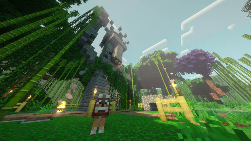 Sitting amongst bamboo, jungle trees, grass and fence posts from an ancient footpath, with a large stone brick structure in the shape of a villager holding aloft a torch, sits a real good boy. The evening sun shines down from blue skies, sunbeams illuminating the ground as the wolf sits in the shadow of a tree