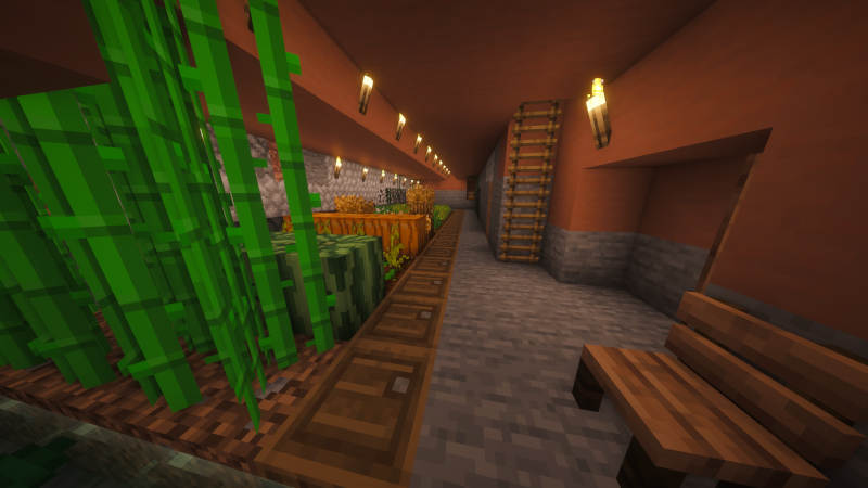 An underground farm on the left, only four blocks deep but as wide as you like. My preferred farm layout. Two columns, four rows per unique crop. It's only sugarcane, watermelon, pumpkin, wheat, then others too far in the distance to easily recognise. In front of the crops in the ground are barrels, with a ladder on the right to get back to the surface