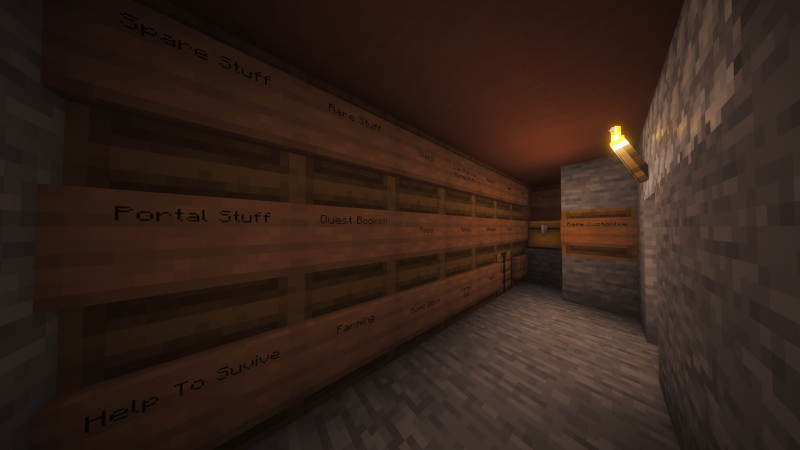 A small, narrow, underground room with a wall of barrels, each with a sign indicating contents, such as 'wood', 'tools', 'quest stuff', 'music discs' and more.