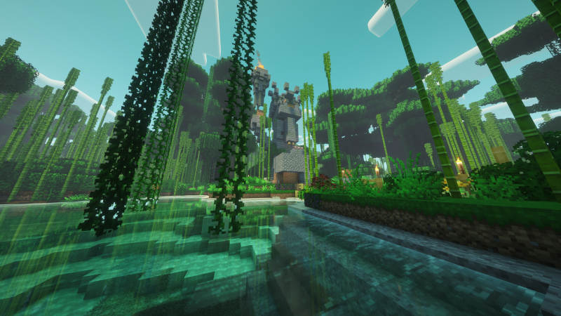 Through weeds reaching down into the water of a lake you can see more clearly the second structure, made home by kid. He has extended it outside with some mossy cobblestone and planks. The bamboo and jungle trees are reflected in the clear water of the lake